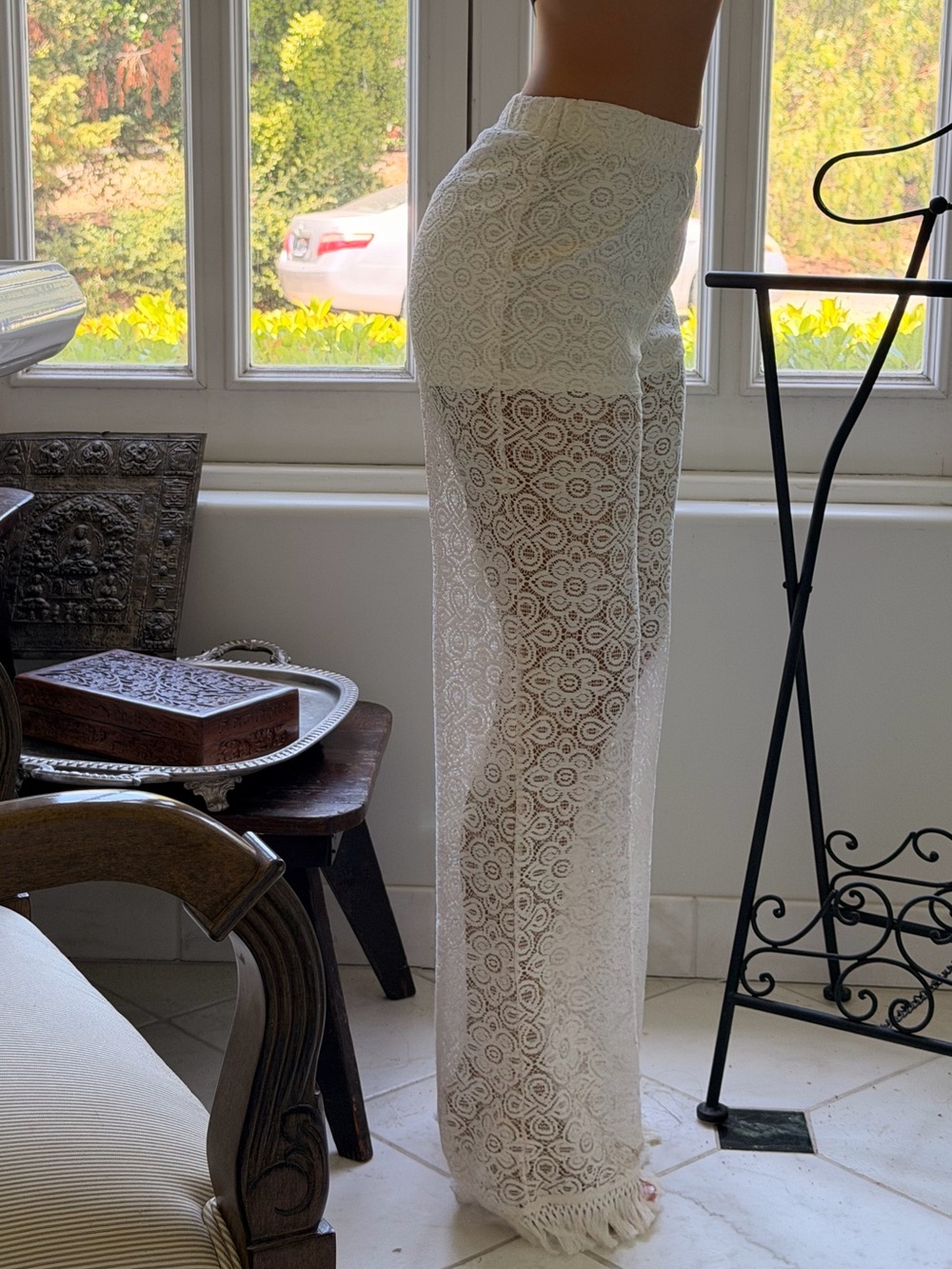 H&M Ivory Crochet Lace Wide-Leg Pants